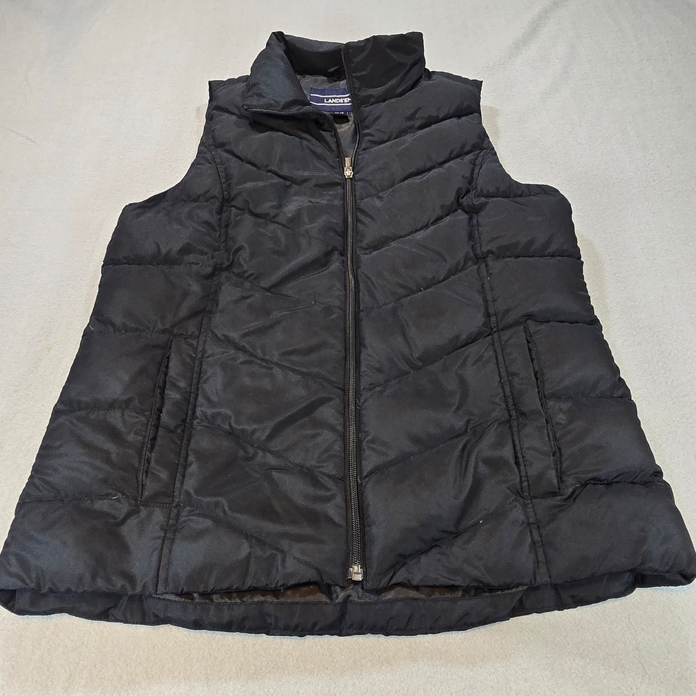 Lands' End Puffer Vest Women Medium Tall M/T 10-12 Black Down Chevron Quilted